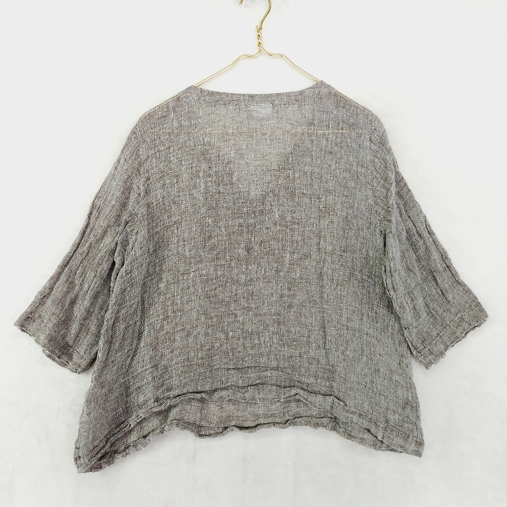 J. Jill Linen Brown and White Woven Sheer Popover V-Neck 3/4 Sleeve Blouse P5584 - Picture 4 of 7